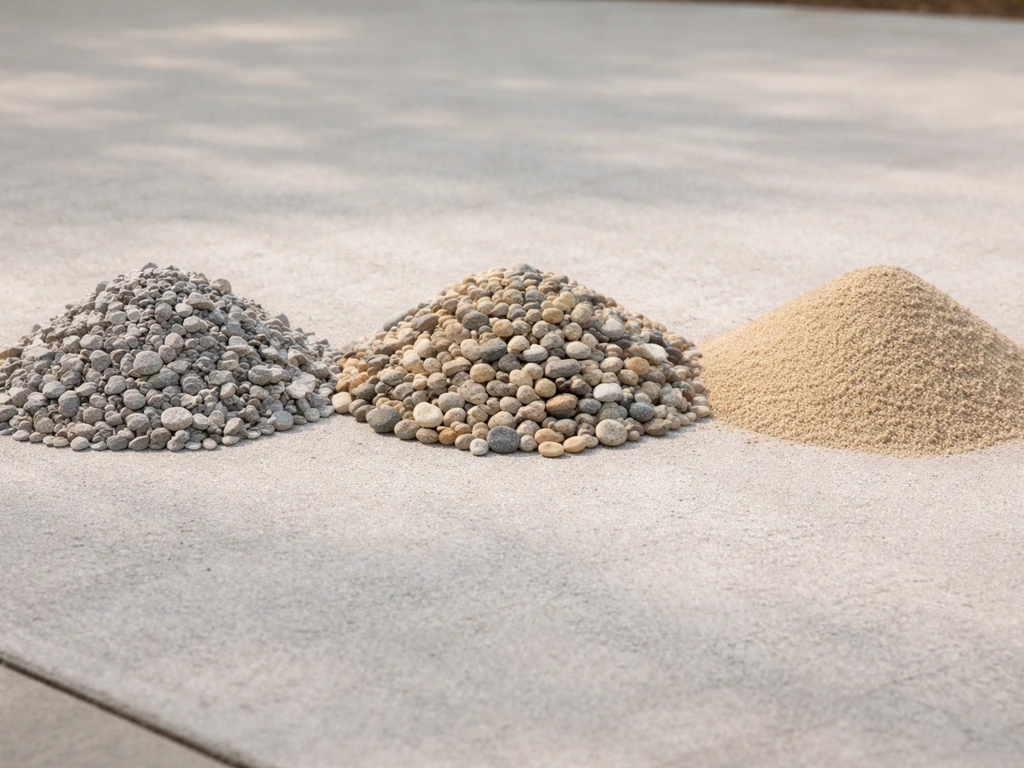 Three separate patio aggregate piles in clean rows: crushed stone, gravel, and paver sand.
