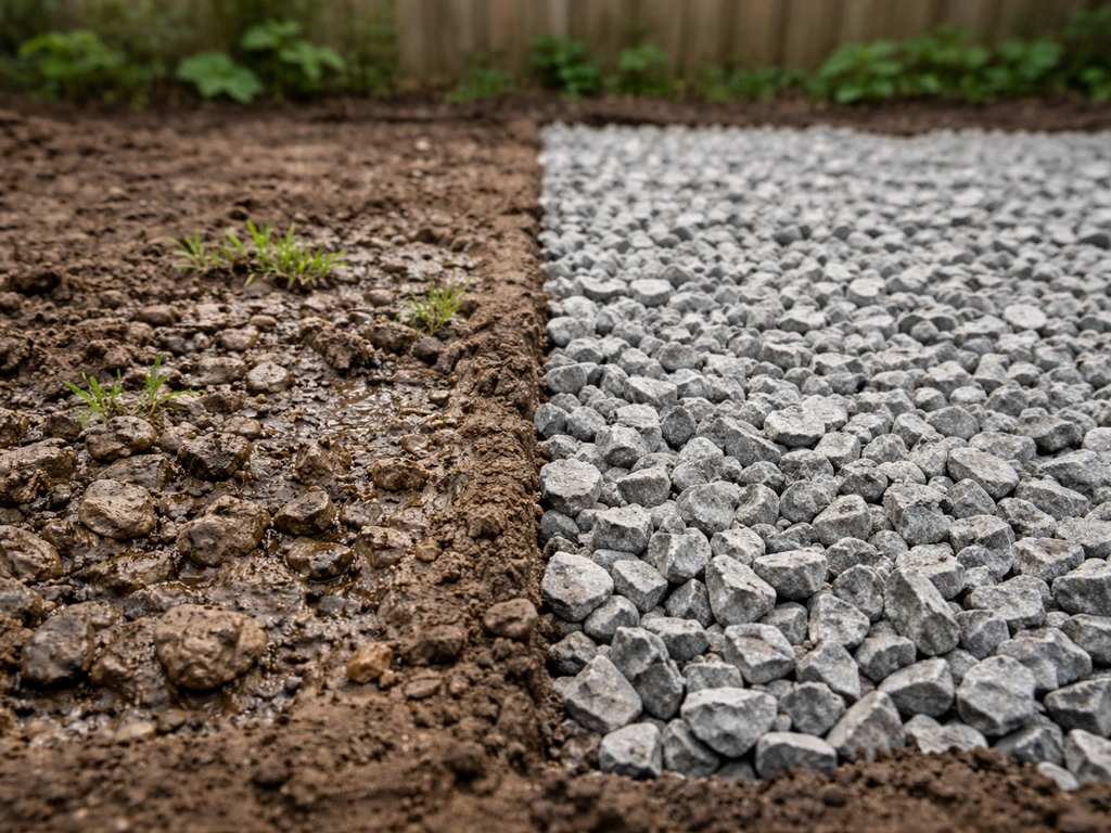 Split view of gravel on soil: muddy stained patch where geotextile is missing versus clean leveled stones.