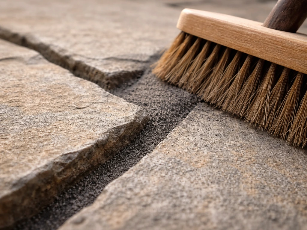 Close-up of flagstone patio gaps with joint filler being swept into the seams between stones
