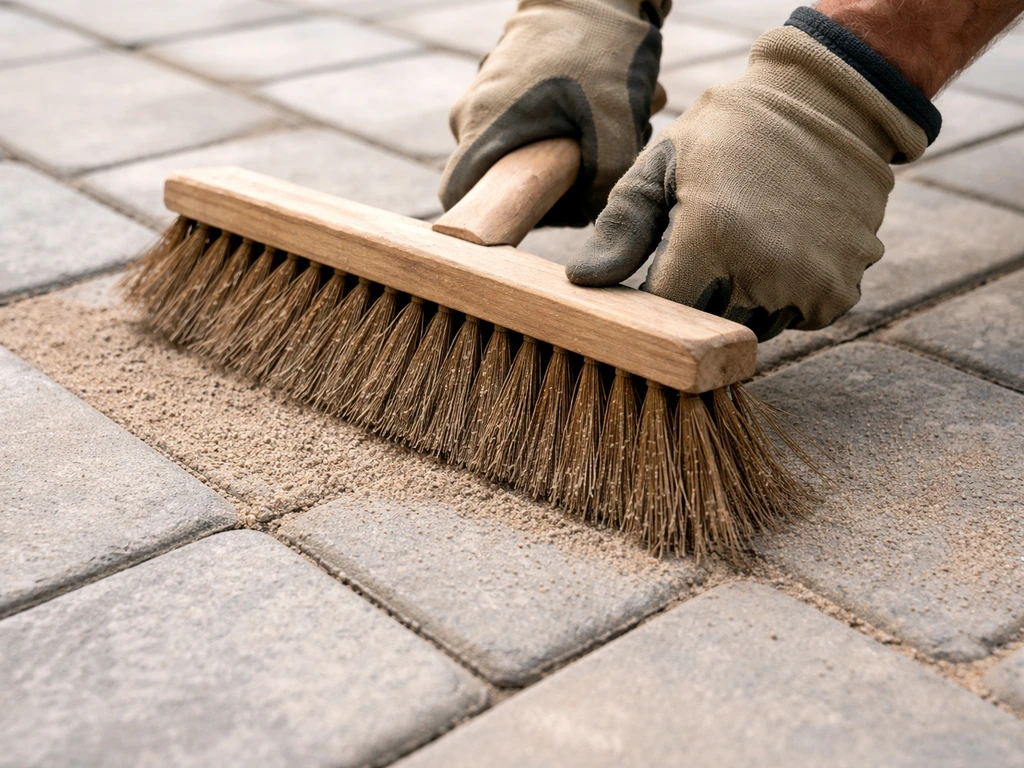 Gloved hands sweeping polymeric sand with a stiff broom into paver joints, filling gaps tightly.