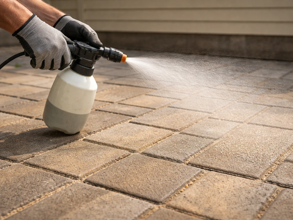 Gloved hands mist polymeric sand over patio pavers, activating it with a fine water spray.