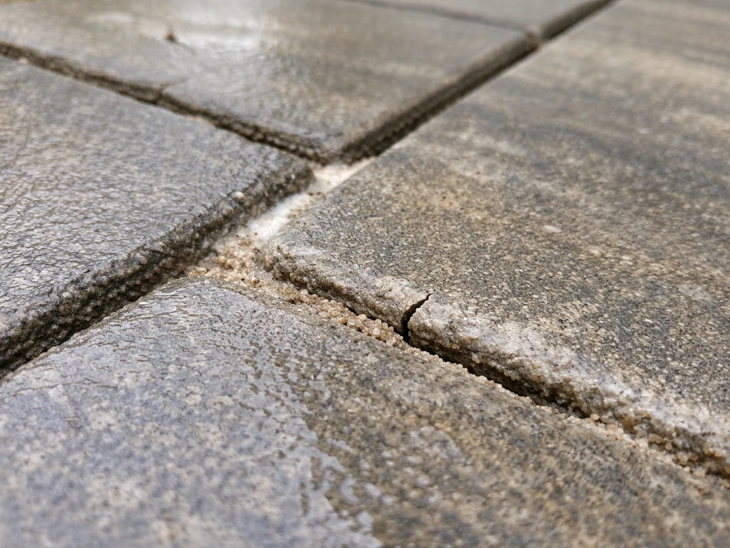 Close-up of a polymeric sand joint with white residue haze and a hairline crack gap.