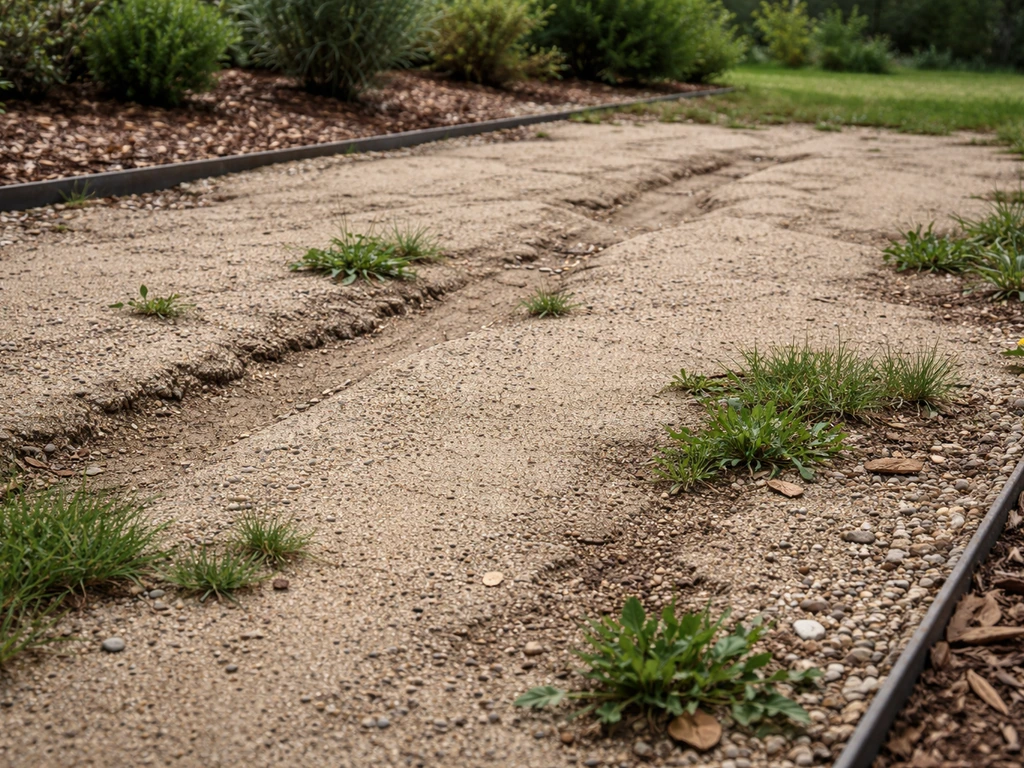 Decomposed granite patio with ruts, erosion edges, and patchy weeds in a simple residential yard setting