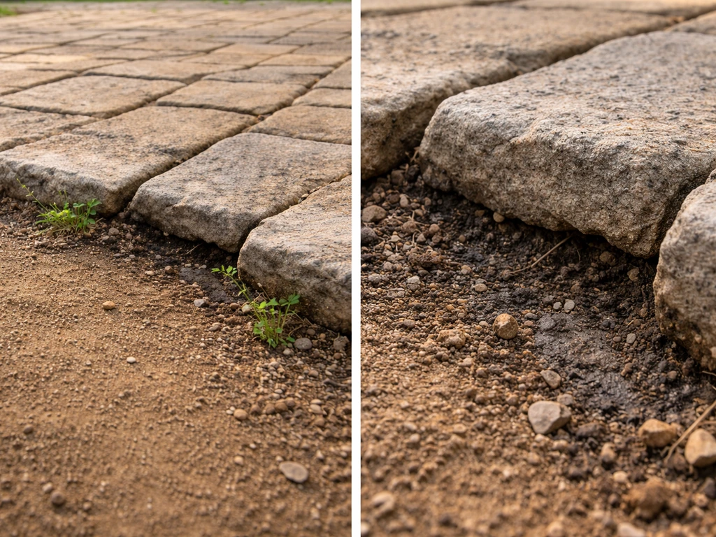 Close-up of a DG patio edge with weeds sprouting from gaps where fines have broken down