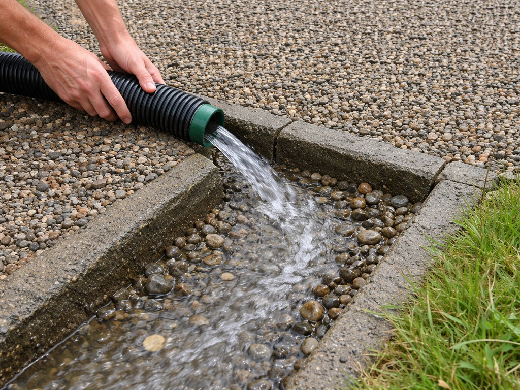 Redirected runoff on a gravel driveway into an edge drain, stopping water from washing over DG.