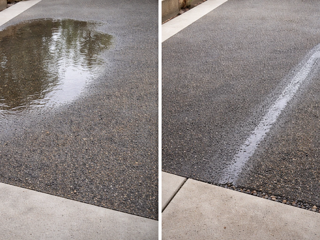 Standing water on a dark-stone DG patio contrasted with a nearby sloped section draining away