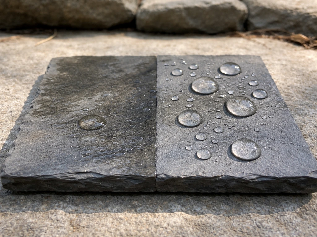 Outdoor close-up of slate showing water beading on one side and subtle soaking on the other.
