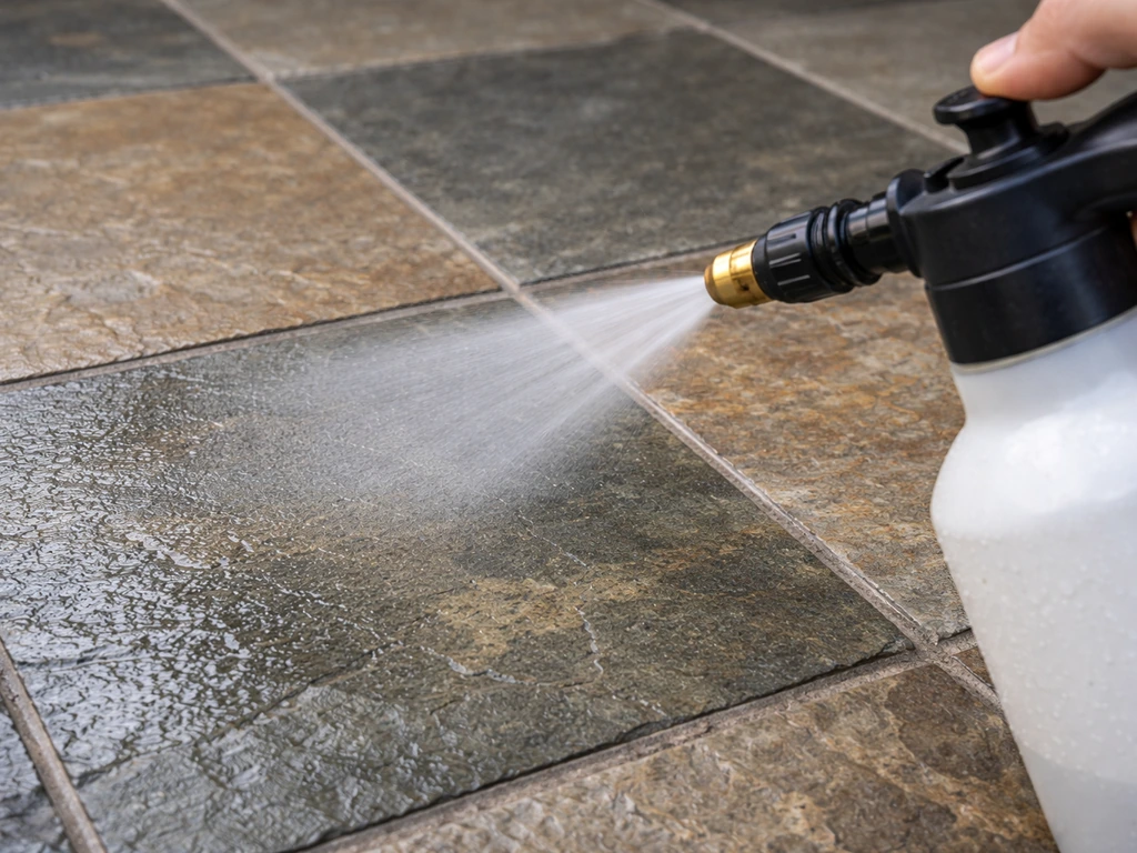 Close-up of a low-pressure pump sprayer applying penetrating sealer to weathered slate tiles