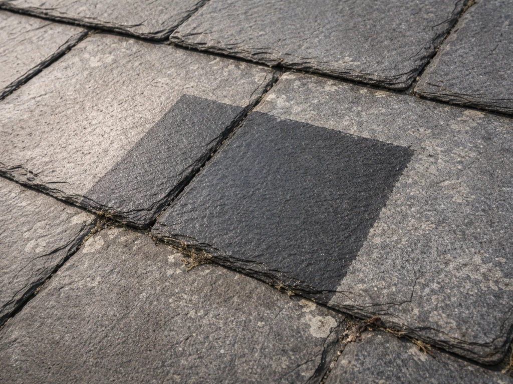 Close-up of a small test patch on slate showing protected area beside untreated cracked slate.