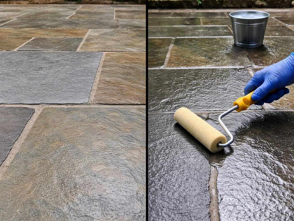 Outdoor slate stone being sealed: first coat soaking in, second coat applied with a different sheen.