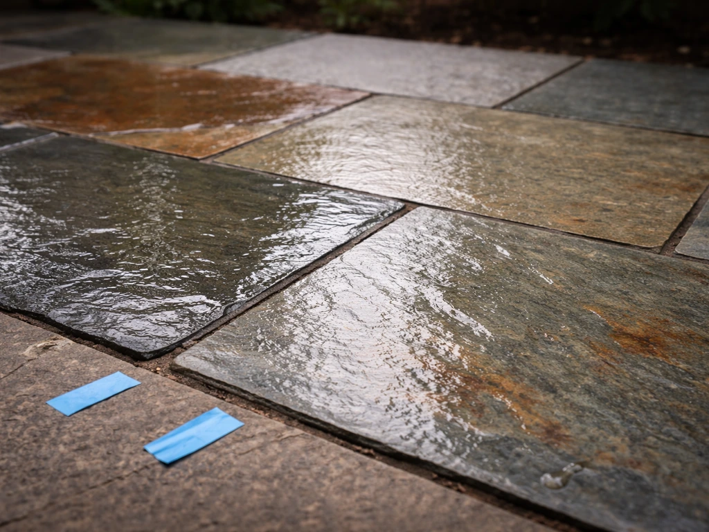 Close-up slate patio after sealer—some stones look dry to the touch while curing is still underway.