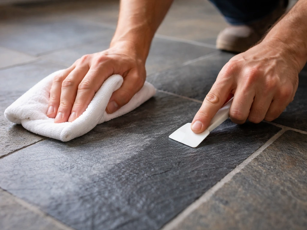 Anonymous hands buff a hazy slate tile clean with a microfiber cloth and plastic scraper.