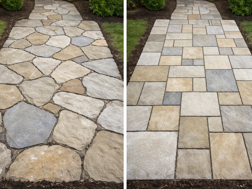 Split-view photo showing random crazy-paving stone on one side and a straight grid layout on the other.