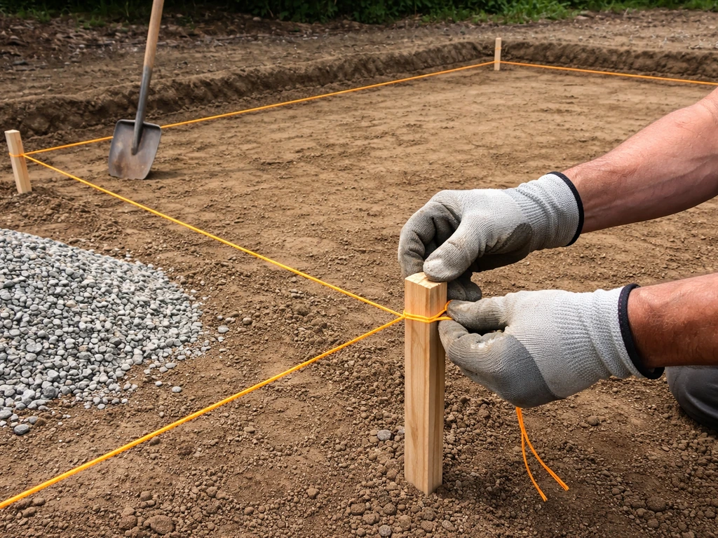 DIY homeowner marks a stone patio perimeter with string lines as excavation begins with gravel and a shovel nearby.