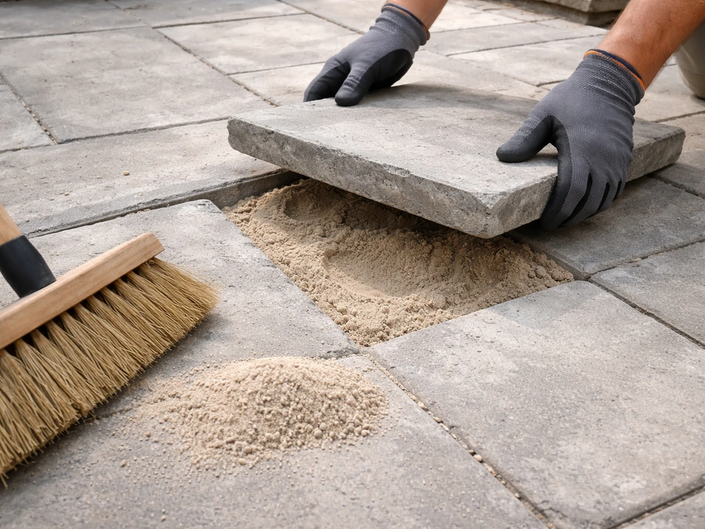 Gloved hands lift and reset a patio stone while polymeric sand is swept into the joints.
