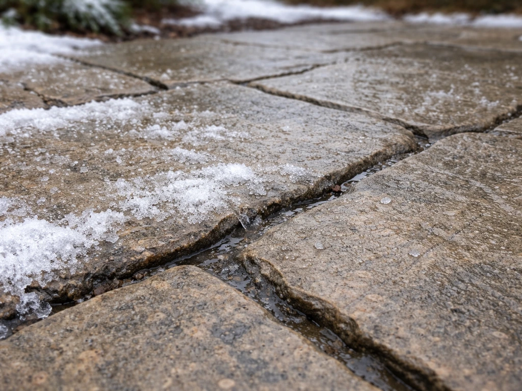 Close-up of a winter stone patio with snow/ice on the surface and visible joint lines.