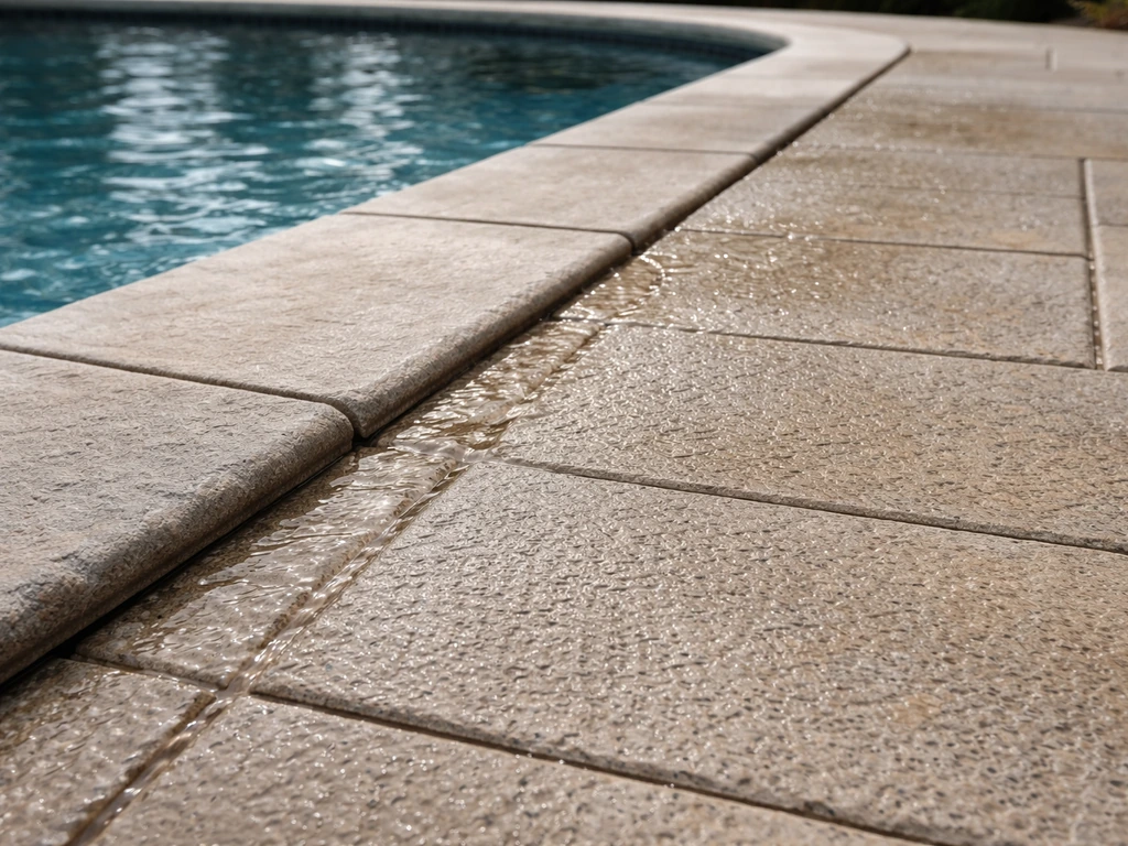 Close-up of sloped, textured pool deck stone draining water away from the pool edge.