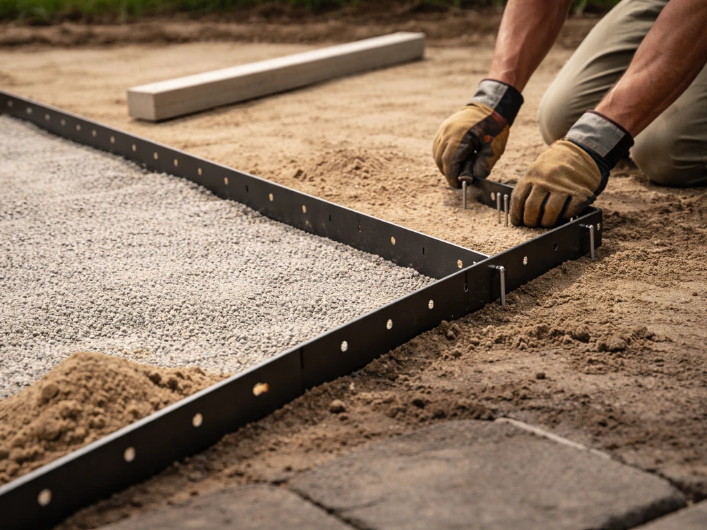 Close-up of rigid edge restraints containing bedding sand during patio installation, with sand and tools visible.