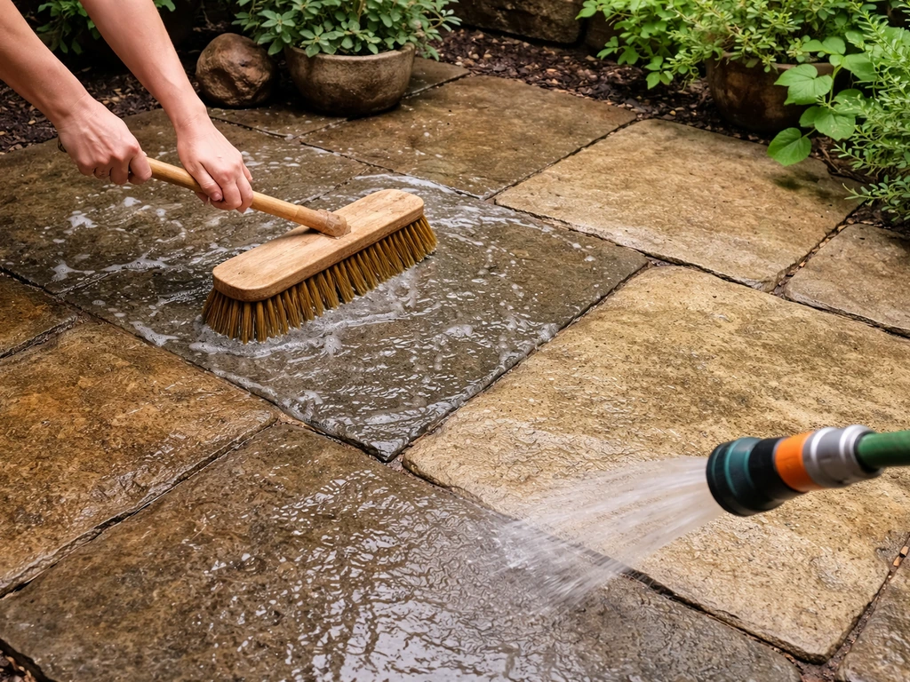 Garden hose rinse and pH-neutral stone cleaner on a natural stone patio with a brush, showing sealed vs unsealed area