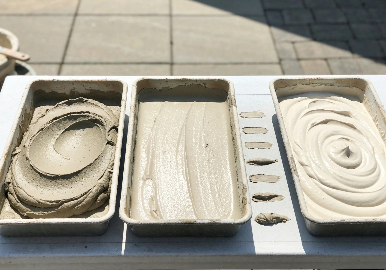 Three trays of different patio mortar textures showing thick, flowable, and medium-bed consistency side by side.