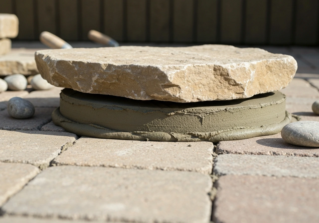 Close-up of irregular stone set on a thick mortar bed, showing full mortar coverage and level set.