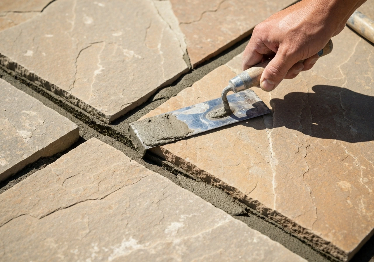Close-up of a pointing trowel packing mortar into cured flagstone joints, forming a rodded finish profile.
