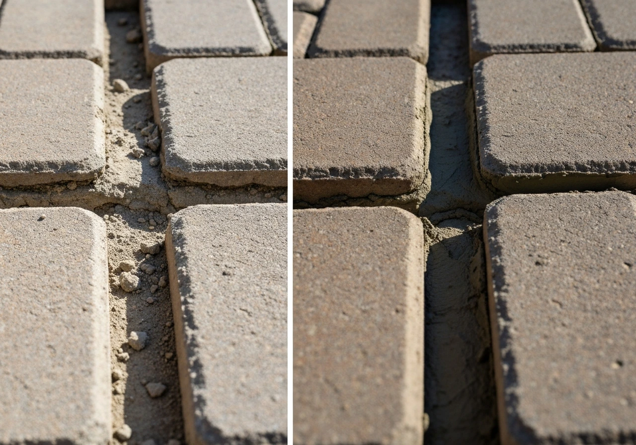 Before/after view of a patio mortar joint: crumbling hollow joint removed, then freshly repointed.