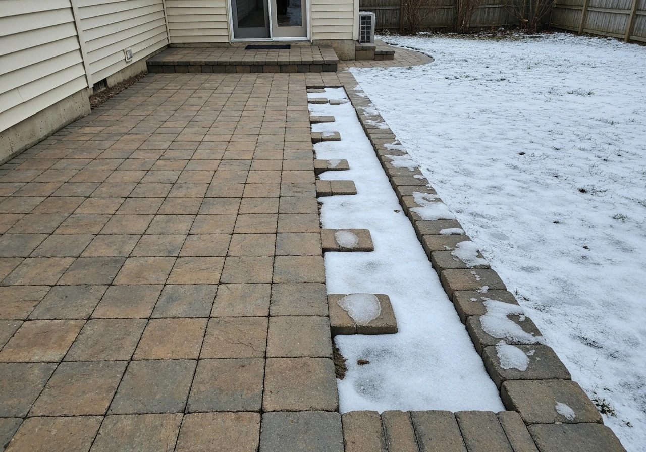Winter backyard patio with properly set pavers/stone showing intact freeze-thaw durability.