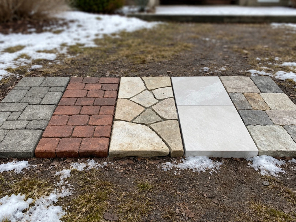 Side-by-side patio material samples outdoors with light frost, showing textures of pavers, brick, stone, tile.