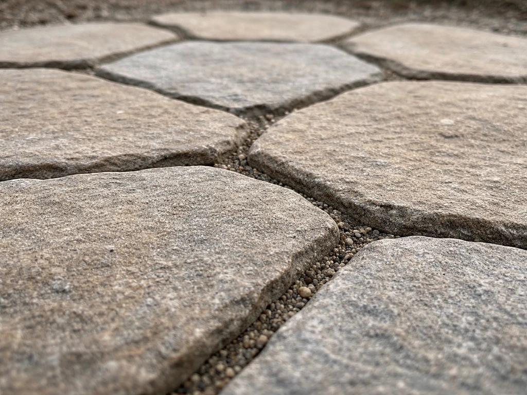 Close-up of dry-laid flagstone pavers in sand-and-gravel with visible joints and slight natural shifting.