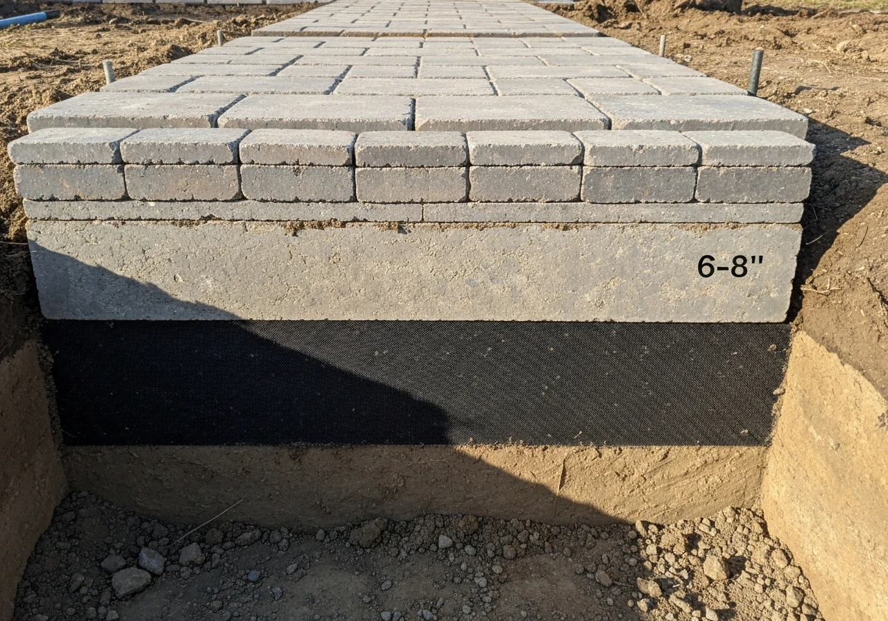 Cross-section view of compacted crushed aggregate base under pavers with geotextile layers for cold-weather installation