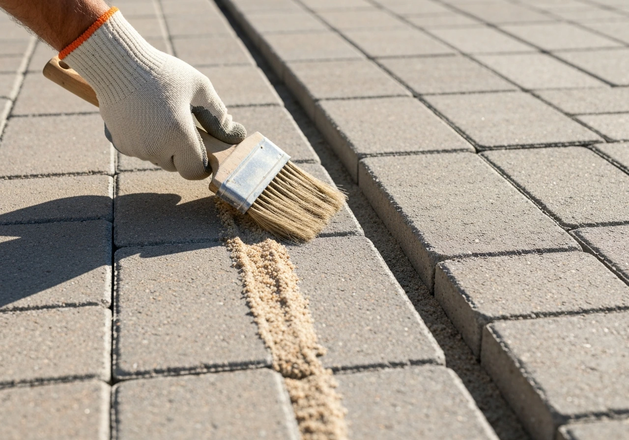 Polymeric jointing sand brushed into paver joints with concrete edge restraints visible on a stable patio surface.