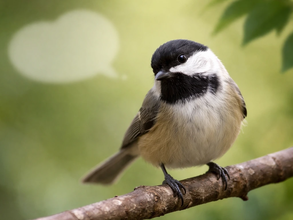 A small perched bird with open wings, with a faint empty speech-bubble shape suggesting a phrase.