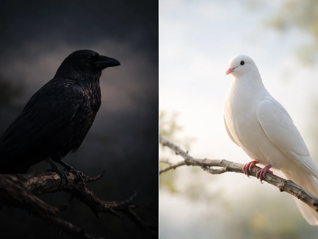 A raven on a dark background and a white dove on a bright background, symbol contrast for “a bird”