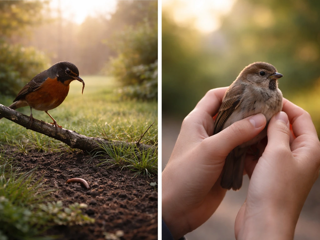 Two minimal scenes: a robin near a worm at sunrise and hands holding a small sparrow.