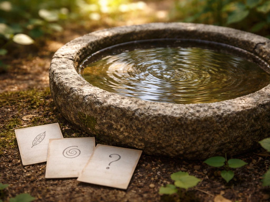 Close-up of a simple bird bath with a few tiny puzzle clue cards nearby, whimsical riddle vibe