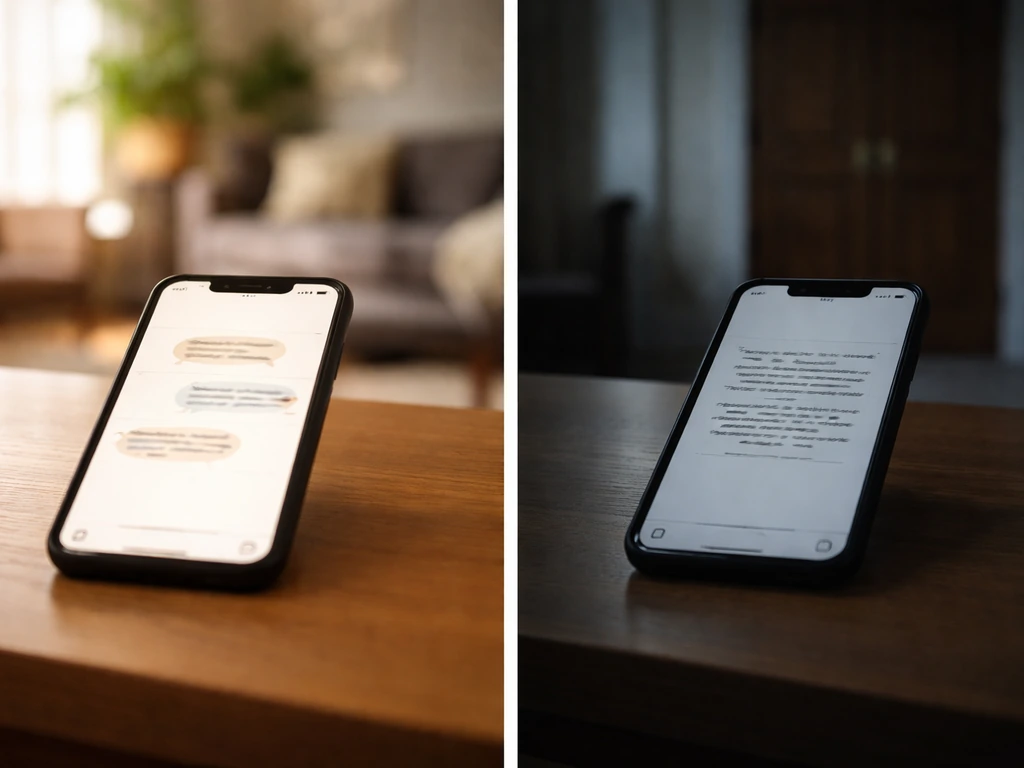 Two-panel scene showing a phone in warm casual setting versus cool formal setting to contrast tone.
