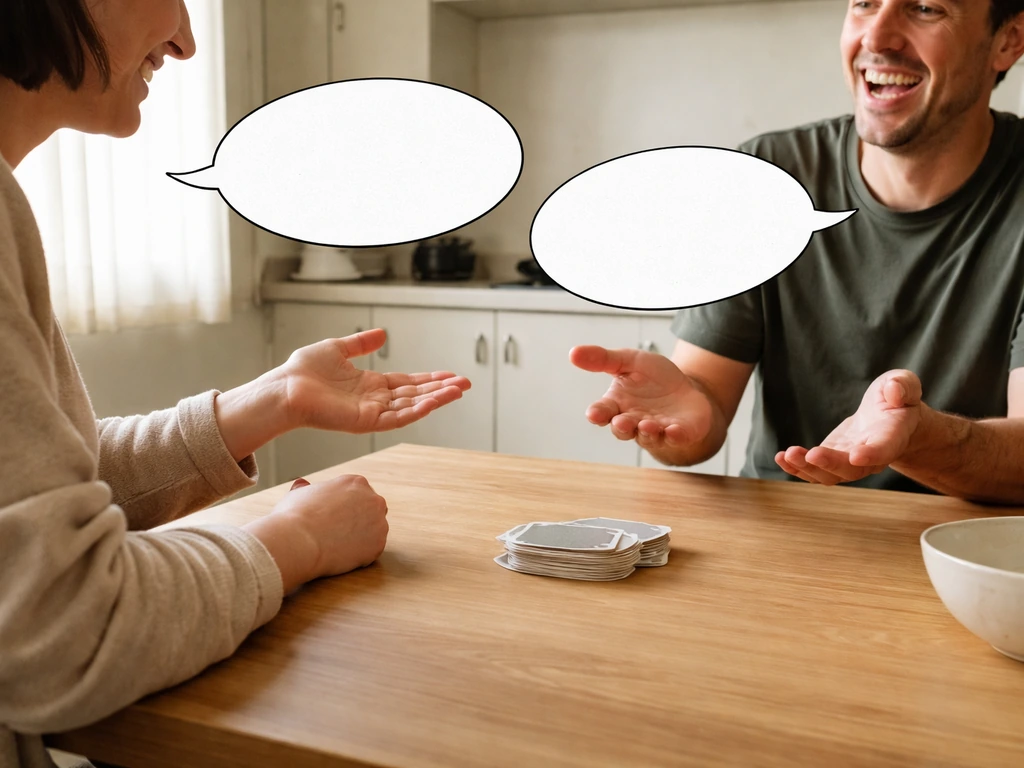 Two anonymous friends seated at a kitchen table with playing cards, one gesturing as if rephrasing a playful accusation.