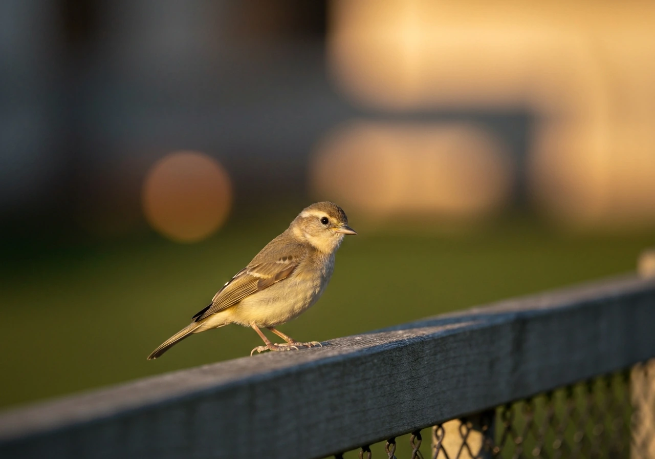 A bold little bird perched on a fence in warm light, with a mischievous, playful mood in the blurred background.