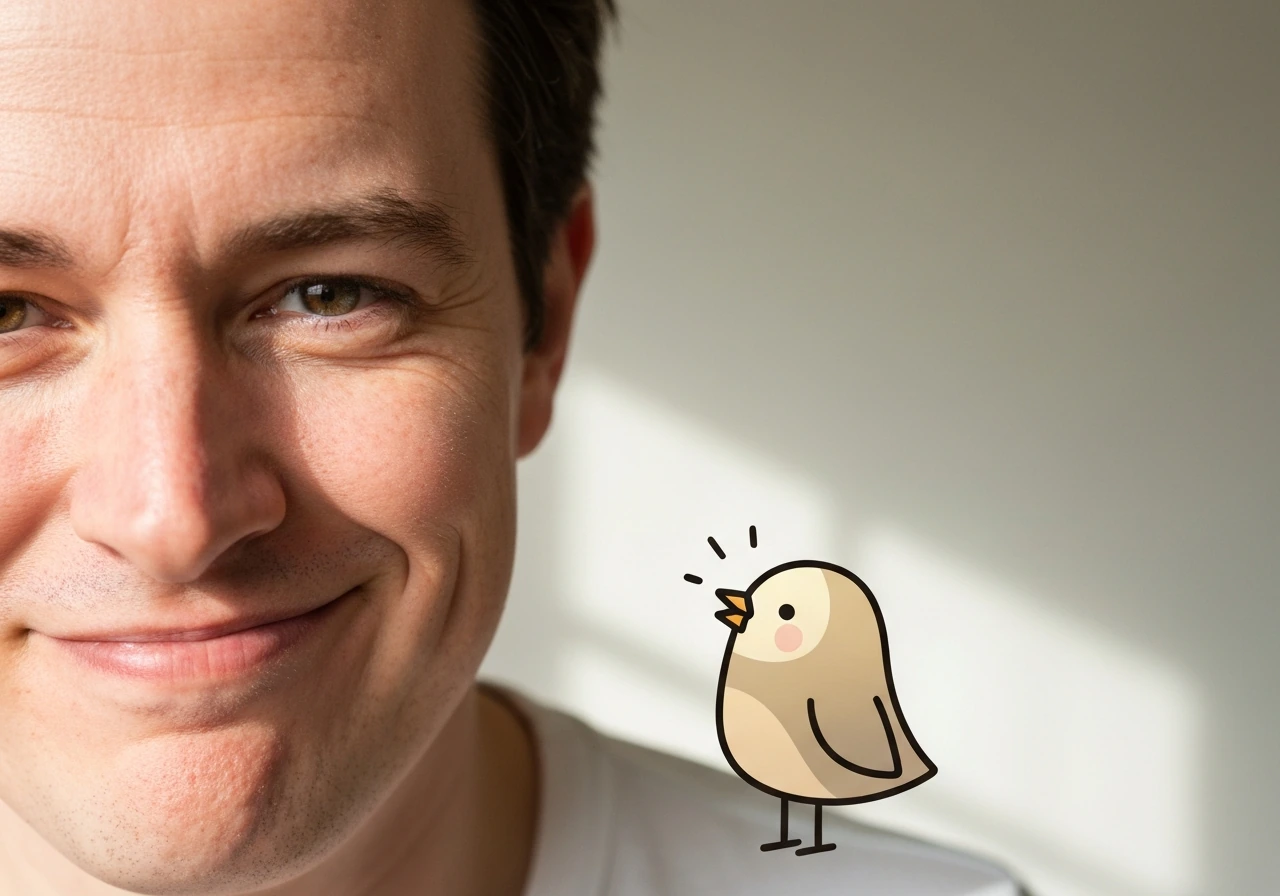 Close-up of a teasing half-smile with a small playful bird character beside it