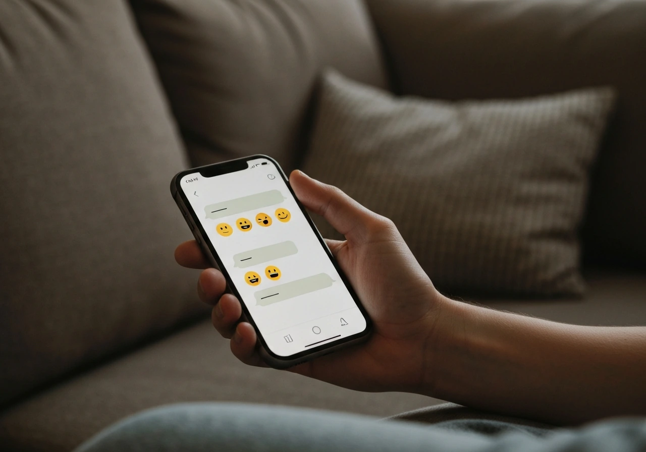 Hand holding a smartphone showing a playful group chat with reaction icons in warm living-room light.