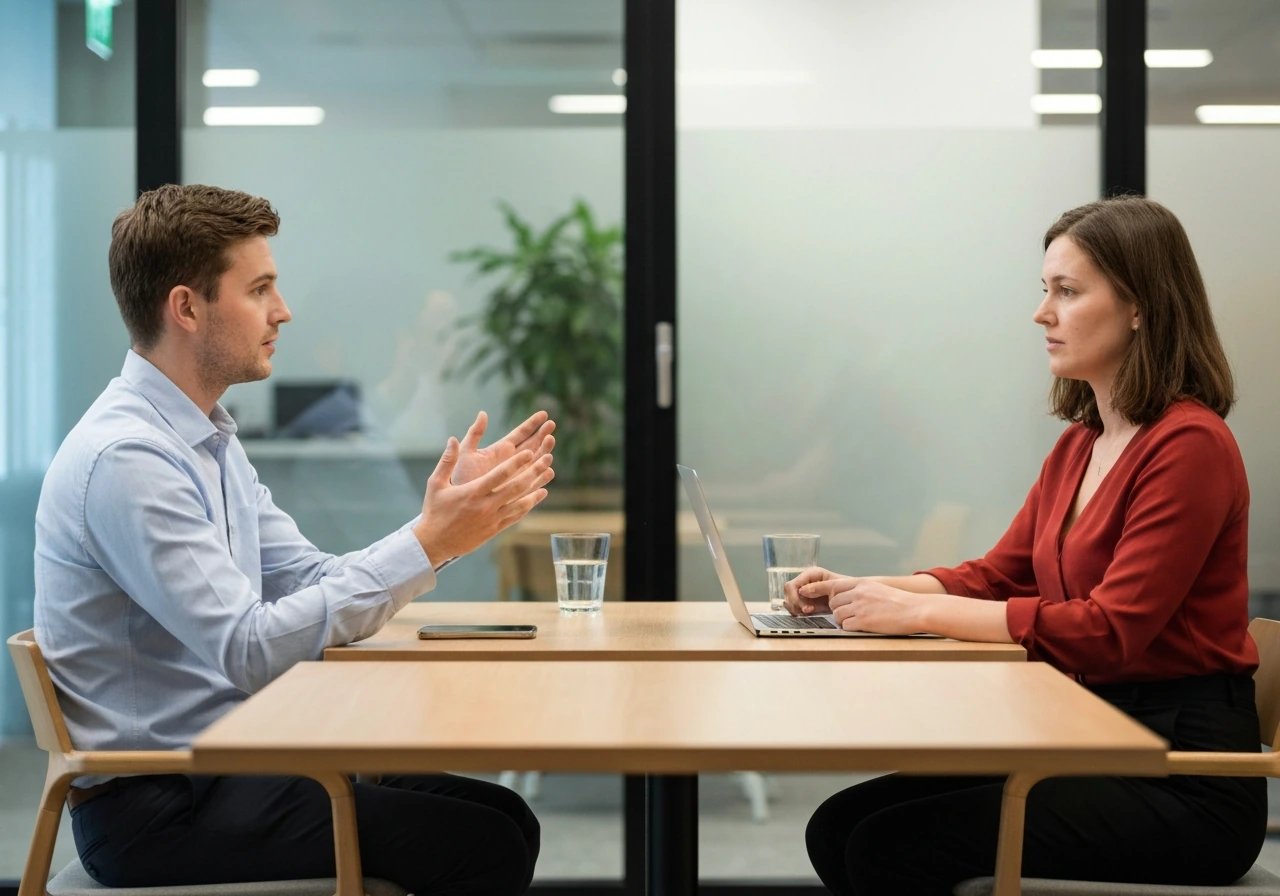 Two coworkers at a quiet café-style office table with formal, respectful distance and restrained body language.
