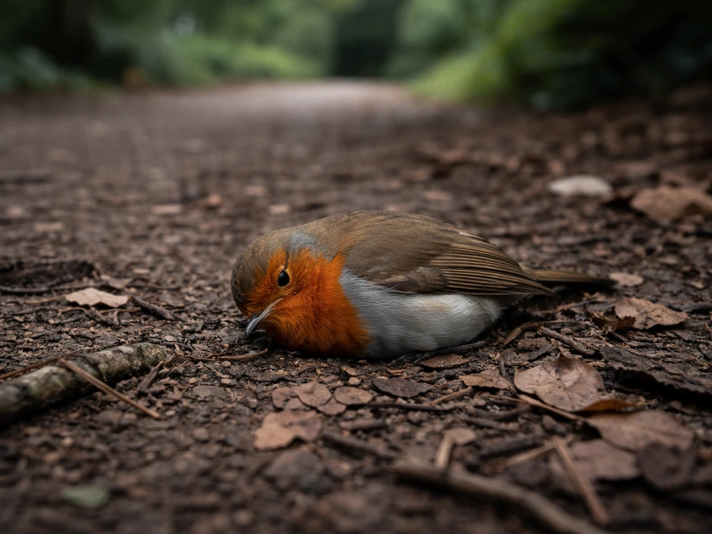 Red robin lying on leaf litter beside a garden path in natural, overcast light.