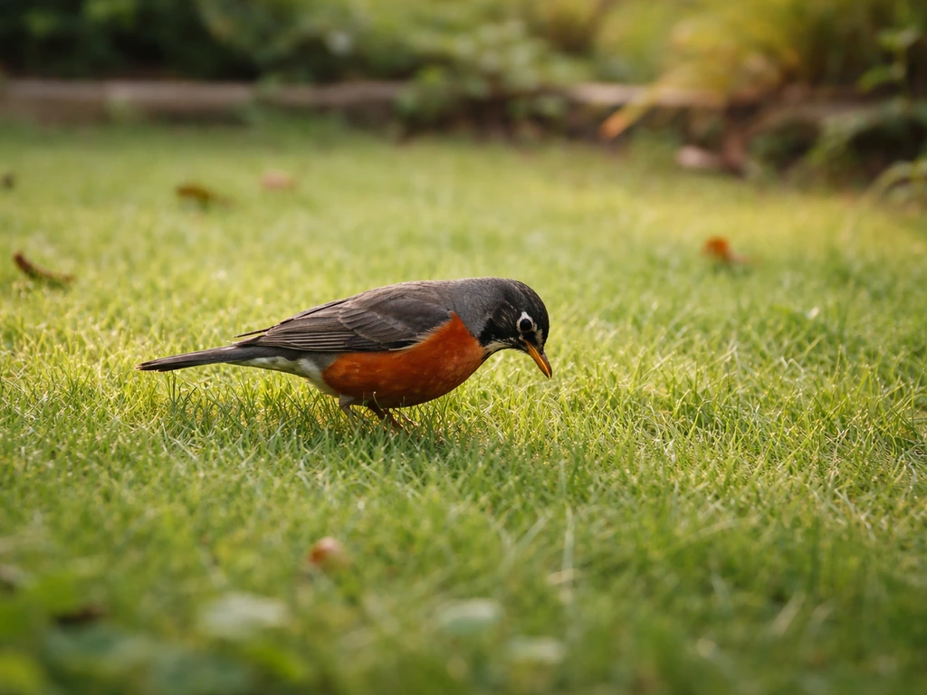 A live robin in green grass in a backyard, calm morning light, simple natural setting.