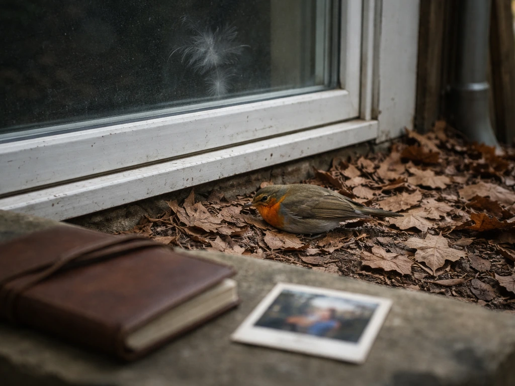 Dead robin on leaves by a window with faint glass smudges, beside a closed journal and photo.