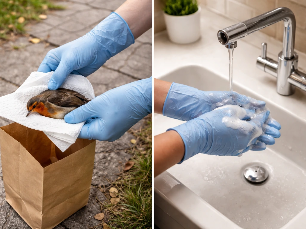 Gloved person uses a paper towel and bag to pick up a small dead robin, then washes hands at a sink.