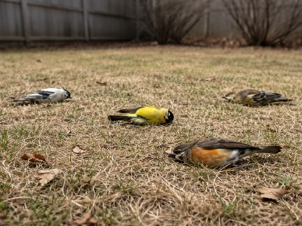Cluster of dead small birds on dry grass in a quiet yard, close-up view of spacing.