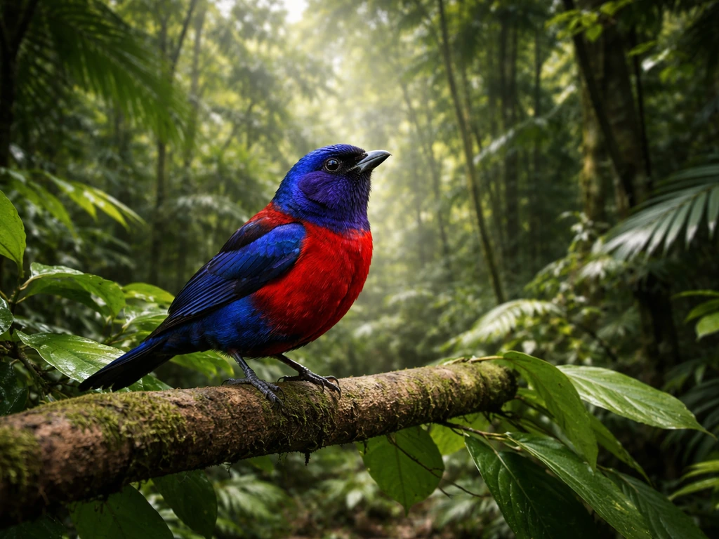 Colorful exotic bird perched in a lush tropical rainforest with soft sunbeams and greenery