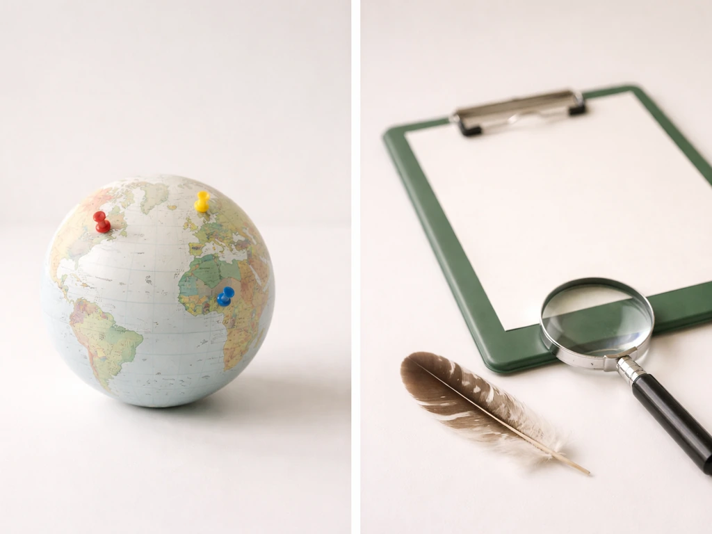 Minimal split image: globe/map cues on one side and a bird-feather legal-style desk setup on the other.