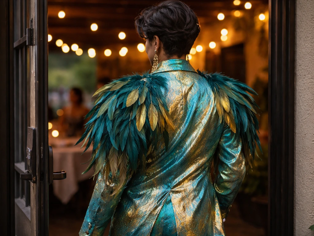 Minimal photo-style scene showing an anonymous person in bold outfit at a party, evoking “exotic bird”.